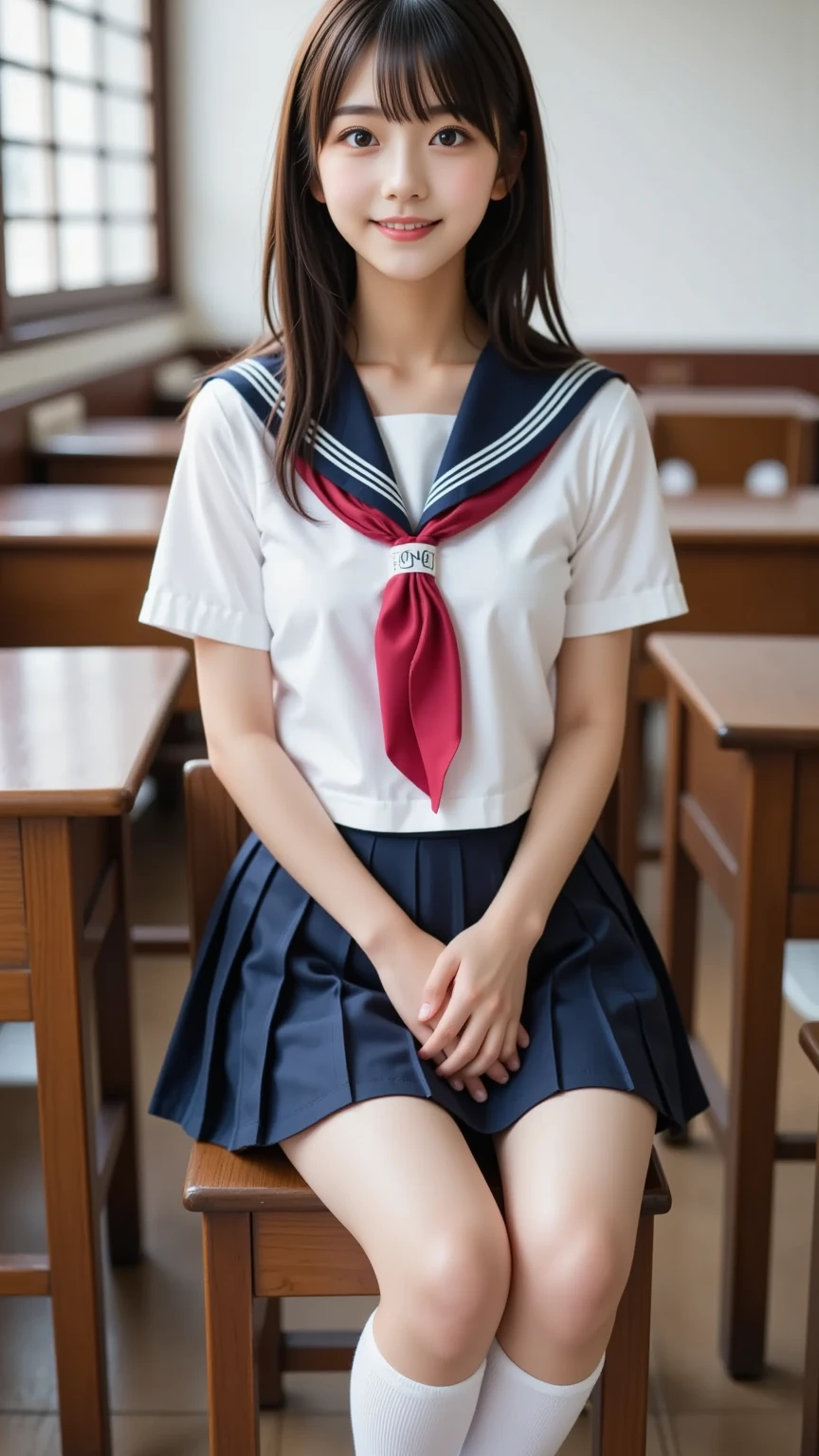 (masterpiece, highest quality:1.2), 8k, Young and beautiful girl, 85mm,Official AR RAW Photos, Baby Face、Big in clothes、show me your ears、photo shoot, Cute face, Thighs, Classroom after school, Looking at the audience, Embarrassing、smile、No makeup, Film Grain, chromatic aberration, Sharp focus, Face Light, Bright lighting, 10 generations, Detailed face, Background blur、((((((18 year old high school girl))))))、Narrow waist、Sailor suit、Not wearing a skirt、pubic hair、vagina/Pussy