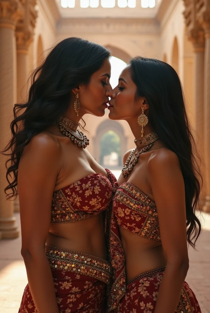 Two Beautiful girls kissing each other and biting each other's lips, hands on each other's chest, one is Pakistani and second one is Indian both are in traditional dresses