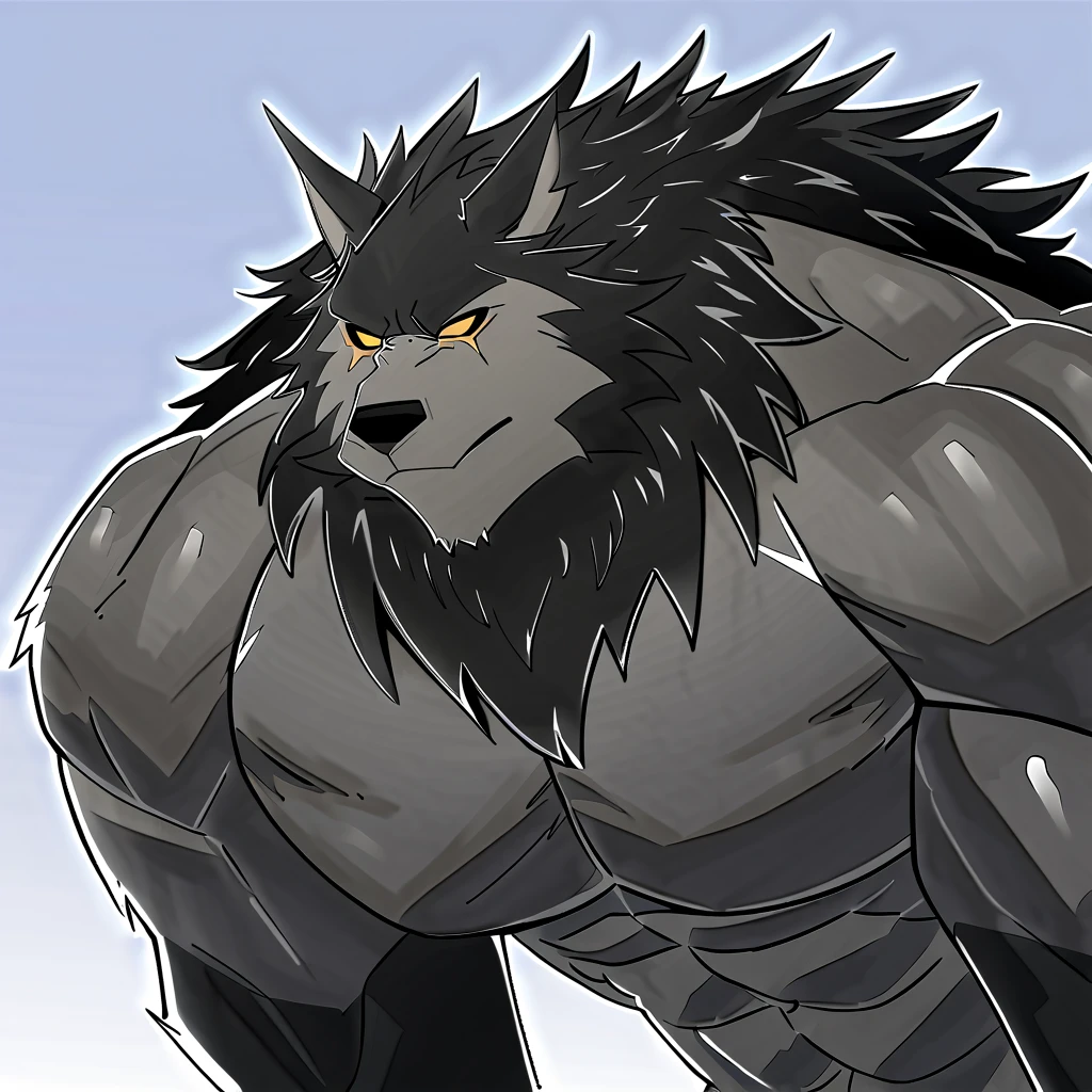 upload on e621, by drks, Valor Wolf, Masterpiece, best quality, ultra high res, 4K, 8k HD, 2D, perfect anatomy, digital art, official art, extreme detailed, ultra detailed, strapsanime, color, soft shading, sharp focus, forest woods background, 1boy, dark black body fur, silver belly, detailed fluffy fur, ultra detailed face, detailed eyes, detailed iris eyes, detailed yellow eyes, white sclera, black pupils, big bellybutton, abs, bare pectoral, black claw nails, furry wolf male, mature male, giant size, dark black giant bulky muscular body fur, canid, huge black nipples, huge muscles, hyper muscles, huge pecs, oversize pecs, giant biceps, canine, canis, mammal, powerful wolf god, wolf male, fierce face, serious expression, badass, wolf anthro, solo, standing, wearing full complete sleeveless long black and silver coat/jacket, black and silver full complete sleeveless long coat/jacket, shirtless, dark black longest hair, dark black longest back fur hair, dark black longest hair fur front lay on pecs, hair color match his fur color, perfect fingers, dark black hands and fingers, wearing fingerless black gloves, black gloves, one black armbands on biceps, three black armbands on forearms, one silver moon, large black prayer beads necklaces, prayer beads necklaces rest on his tuft pecs, dark black and silver underside long tail, black long pants with silver designs with belt straps on leg, huge bulge