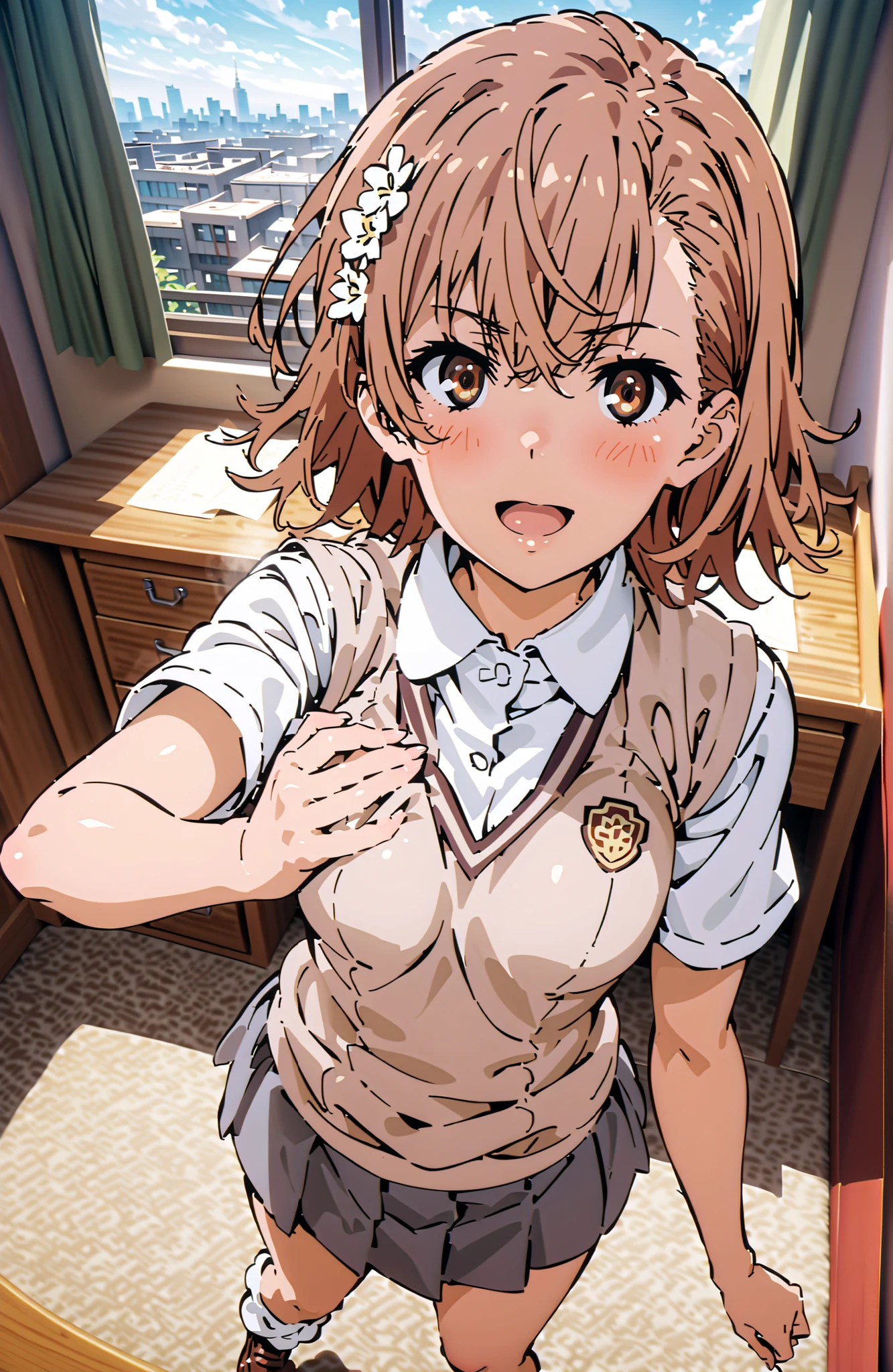 Misaka Mikoto , short hair, brown hair, hair ornament that grabs Narmaya's chest, hair flower, brown eyes in the bedroom,smile,blush,open your mouth,
skirt for ears, shirt, uniform, white shirt, Short Sleeves, pleated skirt for ears, grey skirt for ears, sweater vest,loose socks ,loafers,tokiwadai uniform,I'm holding a bouquet with both arms,angle from above with bib,, Flower blowing snow,curtains,window, Beautiful Streetscapes,standing,in their 40s indoors, Classroom,
in their 40s looking at viewer,full body,
in their 40s (masterpiece:1.2), Highest Quality, high resolution, Unity 8k 壁紙, (Illustrations:0.8), (beautiful detailed eyes:1.6), very detailed face, perfect lighting on the table, extremely detailed CG, (perfect hand, perfect anatomy),