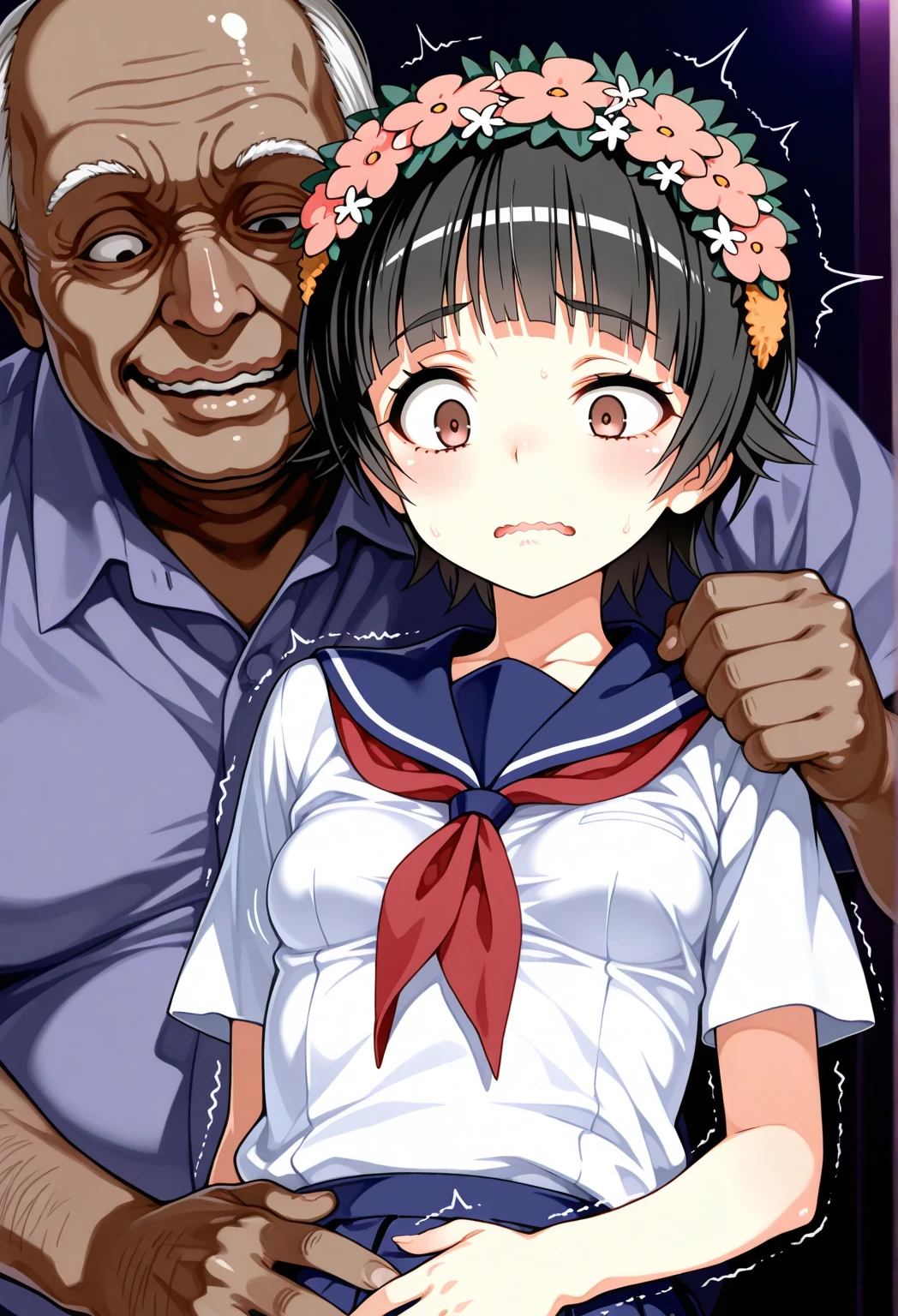 A naked middle-aged man slaps the cheek of a cute girl with modest pubic hair and a black bob, who is crying and thrashing about in anger.、classroom