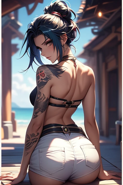 ((Best masterpiece, Perfect quality, Ultra detailed)), A slender girl with black-blue hair and red tattoos on her back, Wearing denim shorts, Naked upper body, Back angle