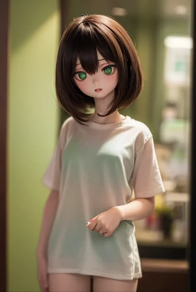 (SFW:2), photorealistic, realistic photo, 8k, ((highest quality)), ((masterpiece)), (extremely detailed), kukolnydom, doll, (female, 20yo, 20 years old:1.6), solo, ((cowboy shot, standing)), skinny, slim, slender, thin body, (oversized shirt, parted lips, green eyes, brown hair, plastic skin, looking at another, glass eyes, gradient eyes, shining eyes, detailed eyes:1.3)