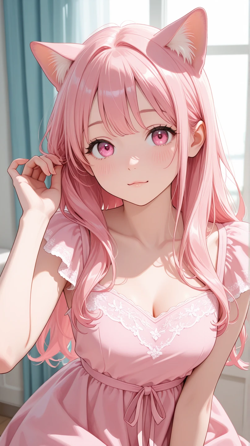 (on the bed, Wearing a camisole and looking happy. )(((masutepiece))) fullllbody(1 girl)((Pink hair, Long hair,Straight hair,two side up)) (Green eyes),eyeshadows, eye line,gloweyes, ultradetailed eyes, intricate eyes, Beautiful eyes, ((Glowing pink pupils))a 18 year old girl