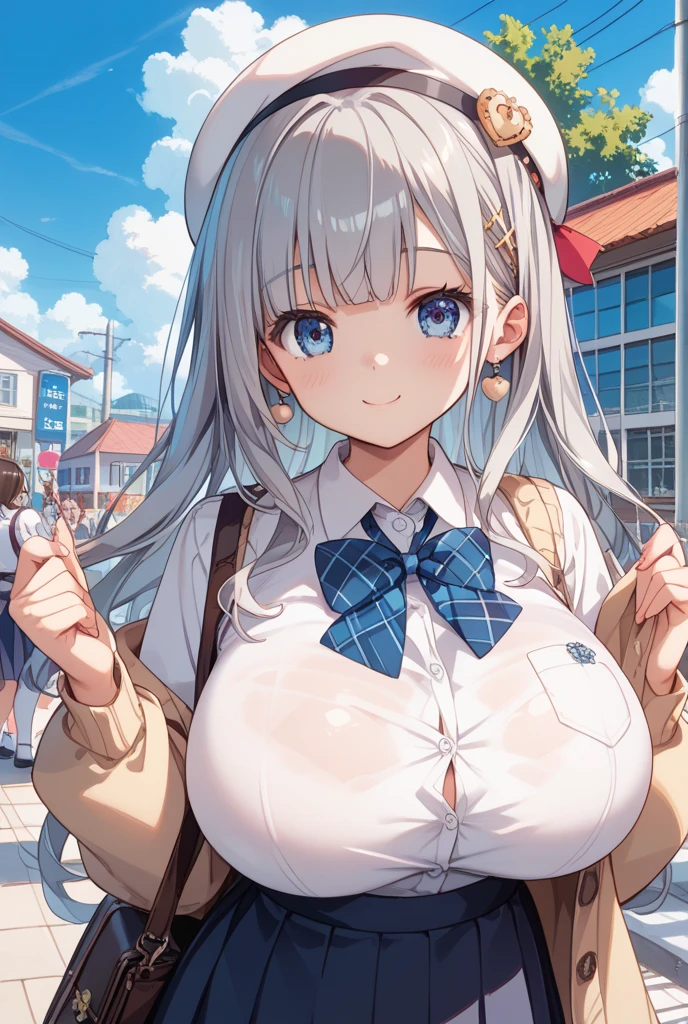 Highest quality、High resolution、Detailed Background、(Beautiful face in every detail:1.4)、Detailed facial expressions、Anatomically correct、Teenage beauty、(Huge breasts:1.2)、cute hair color、Braided Bob、Braided Ponytail、cute hairstyle、Perfect body line、Attractive thighs、Cute gestures、Tokyo Sky Tree、A big smile、smile、cute、
White Sailor Suit、White sailor collar、Pleated mini skirt、White Stockings、
squat down、I can see my underwear when I squat down、Panty shot、
(A girl squatting playfully with a landmark in the background:1.5)