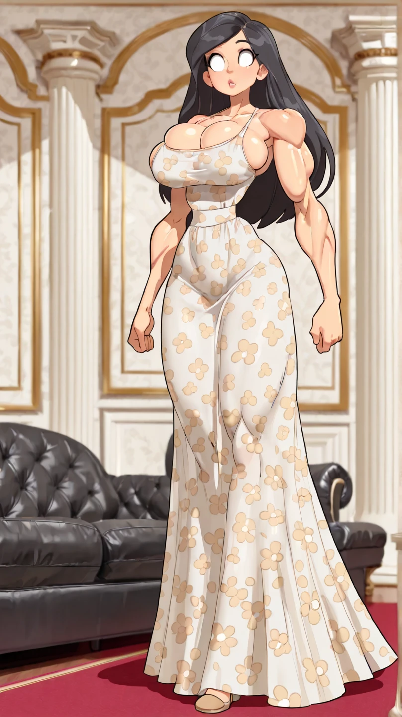 Anime, 2d anime, cartoon anime, detailed illustration, dynamic angle, ultra-detailed, illustration, 1girl, late 20’s year old, Big woman, very tall, broad shoulders, silky long black hair, muscular, tone body, a little bulky, muscular arms, wide shoulders, tall woman,  happy, energetic, extroverted, broad shoulders, large muscles, night time, Evning, standing by a window , in a yellow sundress, in a nice house, living room, dark wood panel walls, dark hard wood floors, eating a slice of cake