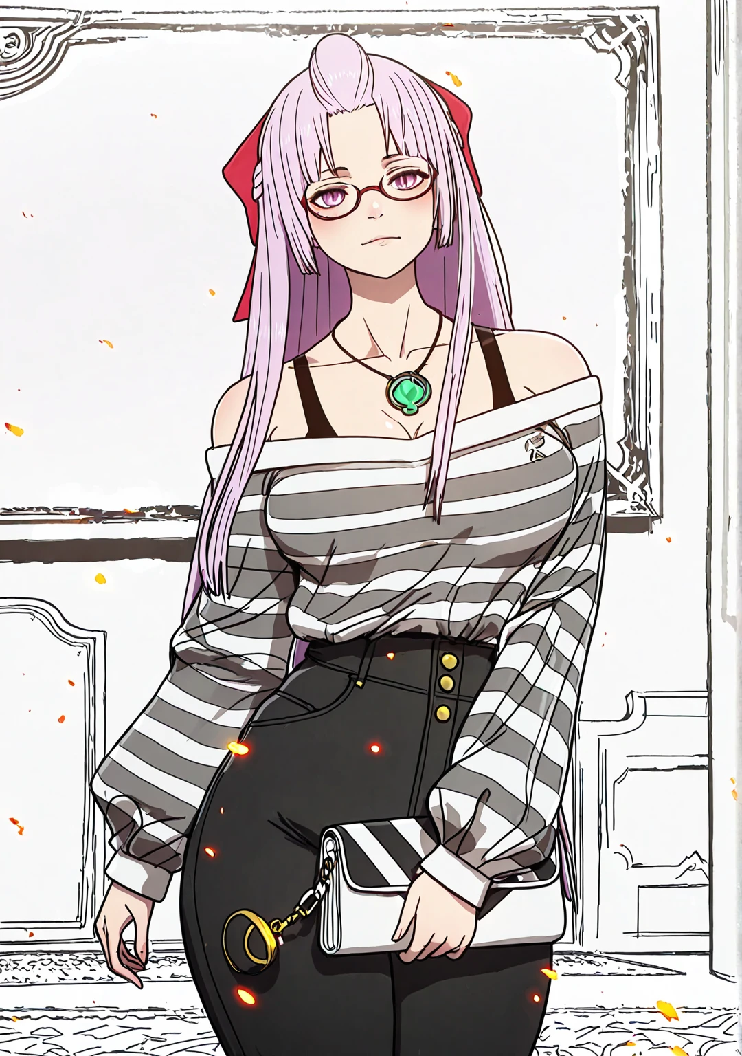 ggstduel, (minami_koyogi-style:1.4), (jam-orbital-style:0.8), ((anatomical correct)), ((embers)), ((Cinematic, unreal engine, eye-catching, ambient occlusion, UHD, masterpiece)), ((perfect lighting)), perfect body, perfect eyes, perfect fingers, gasping, heavy breathing, gasping profusely, ((skindentation)), ((curvy)), SHIKOKU_(MATO_SEIHEI_NO_SLAVE), purple hair, purple eyes, slit pupils, long hair, hair bow, red bow, parted bangs, ribbon trim, half updo hair, bangs_pinned_back, straight hair, medium breasts, plump, 1girl, glasses, solo, breasts, jewelry, necklace, bare_shoulders, pants, looking_at_viewer, off_shoulder, high-waist_pants, striped_shirt, striped, sweater, handbag, blush, holding, collarbone, shirt, long_sleeves, indoors