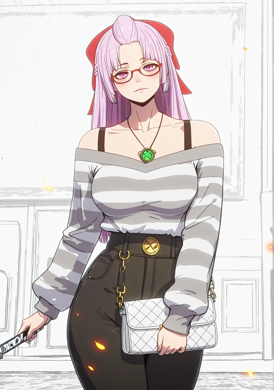 ggstduel, (minami_koyogi-style:1.4), (jam-orbital-style:0.8), ((anatomical correct)), ((embers)), ((Cinematic, unreal engine, eye-catching, ambient occlusion, UHD, masterpiece)), ((perfect lighting)), perfect body, perfect eyes, perfect fingers, gasping, heavy breathing, gasping profusely, ((skindentation)), ((curvy)), SHIKOKU_(MATO_SEIHEI_NO_SLAVE), purple hair, purple eyes, slit pupils, long hair, hair bow, red bow, parted bangs, ribbon trim, half updo hair, bangs_pinned_back, straight hair, medium breasts, plump, 1girl, glasses, solo, breasts, jewelry, necklace, bare_shoulders, pants, looking_at_viewer, off_shoulder, high-waist_pants, striped_shirt, striped, sweater, handbag, blush, holding, collarbone, shirt, long_sleeves, indoors