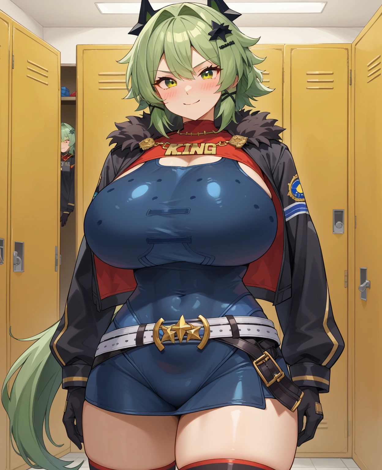 Big breasts, green hair, purple eyes, wavy hair in uniform
