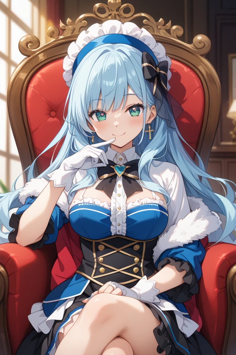 An aristocratic mansion lined with luxurious furniture,royal family,An aristocratic room filled with fluffy and fluffy stuffed animals, toys, and sweets.,tome&#39;A lot of light is pouring down and shining,fluffy hair,pale gold mixed hair, White and light blue,rainbow-colored hair,Dango Hair,Her chest is wide open and you can see her cleavage.,drooing eyes,loose and luxurious clothes,A voluminous maid outfit with plenty of lace,long-sleeve,piercings,Slightly red tide,Pleasant face,Petals dance in the room,ecstacy,Kamimei,cute and gorgeous pose.,Buriko Pose,A smile,stiletto pump shoes,