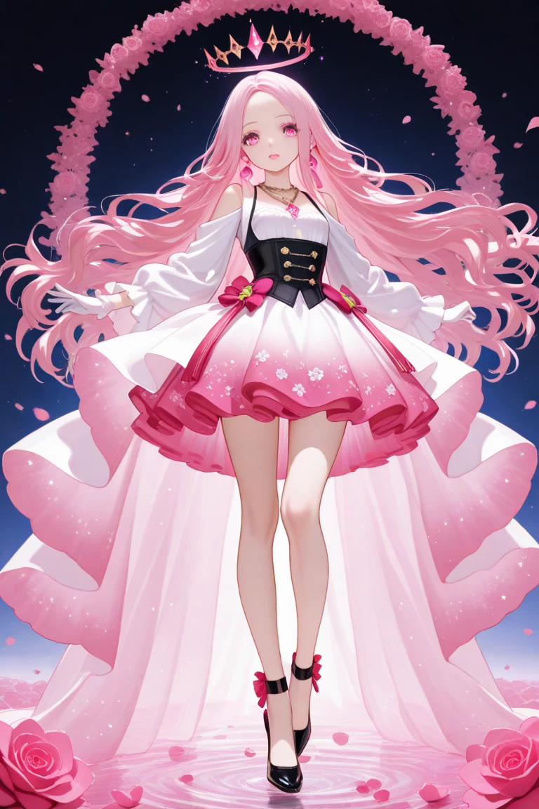 (Mastepiece), (Best Quality), Very detailed, 1 girl, (Solo full body shot:1.4), Perfect Face, beautiful girl, Very detailedな顔,(Pink hair long hair:1.5),(Lots of butterflies々:1.2)、(forest、Flower Field:1.4)、(Lots of petals:1.3)、(gem:1.3)、(smile:1.3)