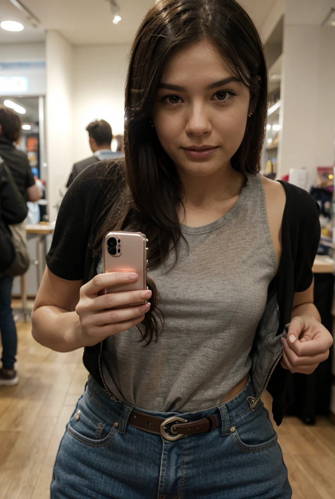((best quality)), ((masterpiece)), (detailed), sexy woman with dark hair, 25 years old, perfect face, posing for a selfie taken with a phone camera, standing in a park, wearing a green dress, looking into the camera, smiling