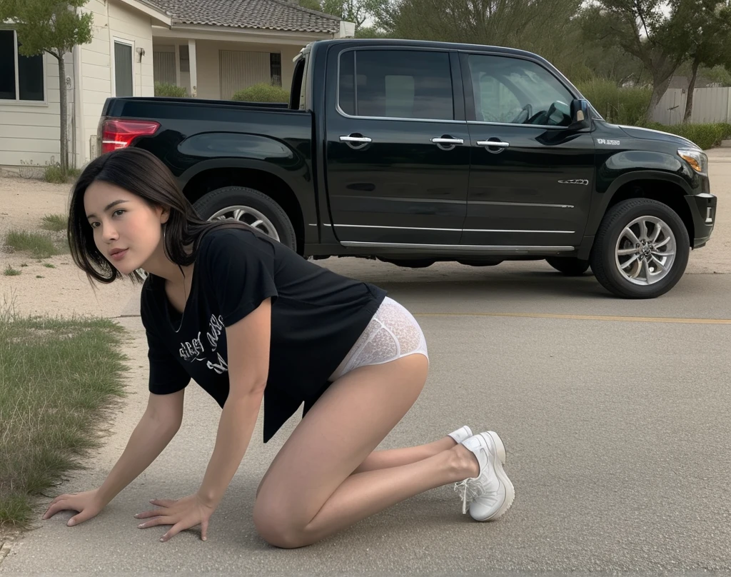 Imagine standing by your gorgeous Asian girlfriend as she poses in front of your car. Her stunning body is on full display, clad in a short and revealing half-cut hoodie that hugs her curves perfectly. As she strikes a seductive pose, the camera captures every detail of her alluring figure, from her perfectly toned legs to her round and perky buttocks. The chemistry between the two of you is palpable as you admire her beauty from behind the lens.