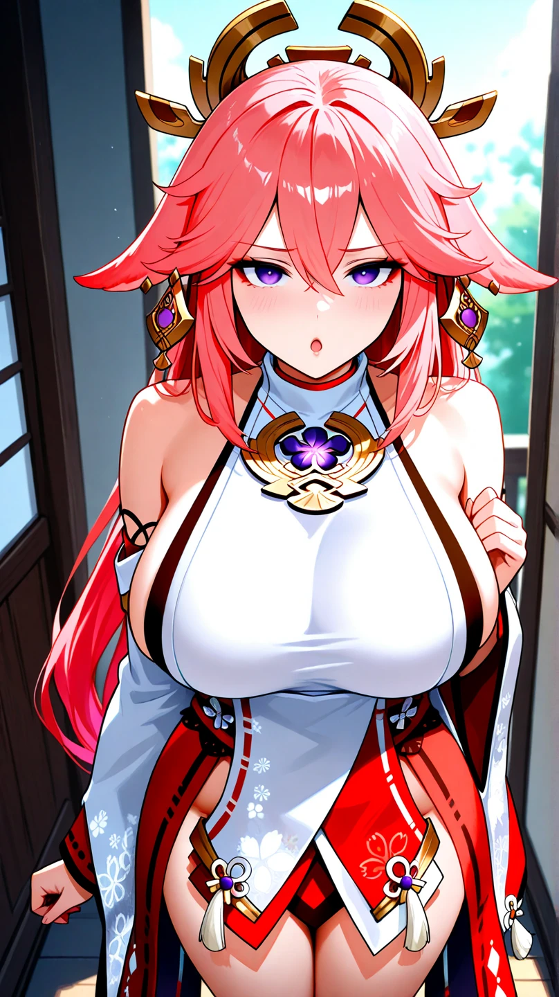 1 girl, (ulzzang- 6500:0.7), sitting in water throne,kpop idol, yae miko, single sleeve, bare shoulder, pink hair, long hair, japanese clothes, best quality, (drawings: 1.5), (hair accessories:1.35), jewelry, purple eyes, earrings, chest, torii, cherry blossom, lamp light, depth of field, face detail, face focus, ribbon, ribbon butt bon_trim (view: 1.25), non-traditional miko, glossy skin, long sleeves, thick lips, game cg, east asian architecture, (blurred background:1.2), upper body,tmasterpiece,Huge stacked breasts,The kinky exposed ,(Surreal breasttremely full breasts)),((Super large)),Big breasts Thin waist,(((Extremely large breasts))),seductiv,High detail,hyper qualit,high resolution,8K,8k smooth,(reality: 1.2),(Highly realistic, Ultra-realistic, photograph realistic),(Realism: 1.2),Solo,(Perfect feminine curveig breasts:2),(Huge breasts:2),(gigantic cleavage breasts:2),(Large breasts:2),(Bare tits:1.4),(chiseled abs : 1.1),Nice strong legs,,(Curvy:1.1),Narrow waist,(gigantic hip:1),(Thick thighs:1),(Thick legs:1),Muscular,(body builder:2)