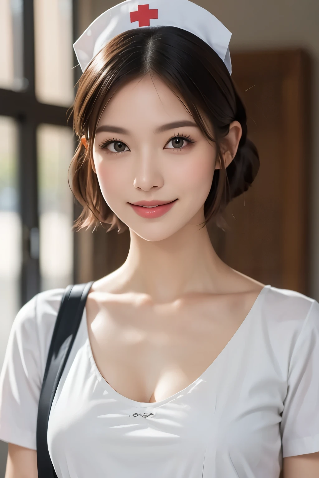 realistic、high image quality、Detailed Exact、8K、1 woman、7、hospital hallway、((short short hair 2.0))、((hair is straight and length to chin))、((I'm going to put my hair up 2.0))、((long slant 2.0))、Foxy face、big mouth、bright smile showing teeth、top and bottom of white nurse clothes、((Nurse cap))、Name tag card on left chest、((holding binder on chest))