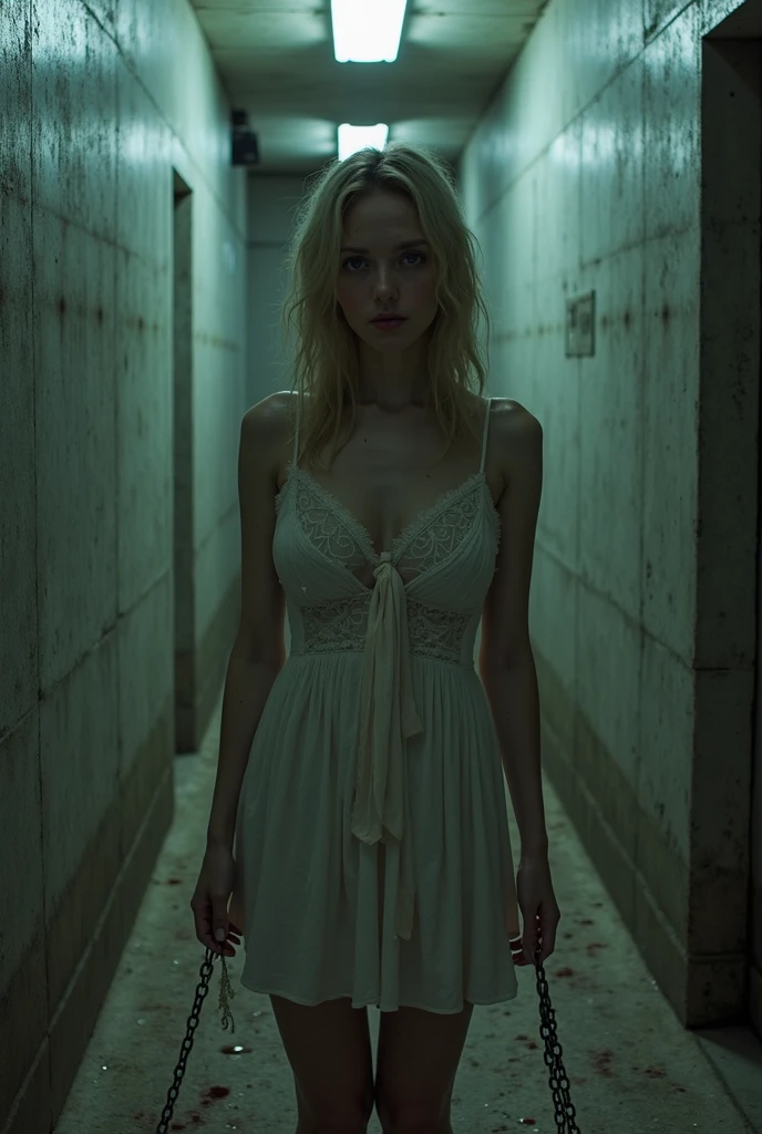 a spooky blonde ghost,bathroom,supernatural,eerie atmosphere,dark shadows,haunted,paranormal activity,glowing eyes,transparent body,pale skin,long hair,floating,mysterious,moody lighting,chiaroscuro,dramatic,horror,cinematic,dark fantasy