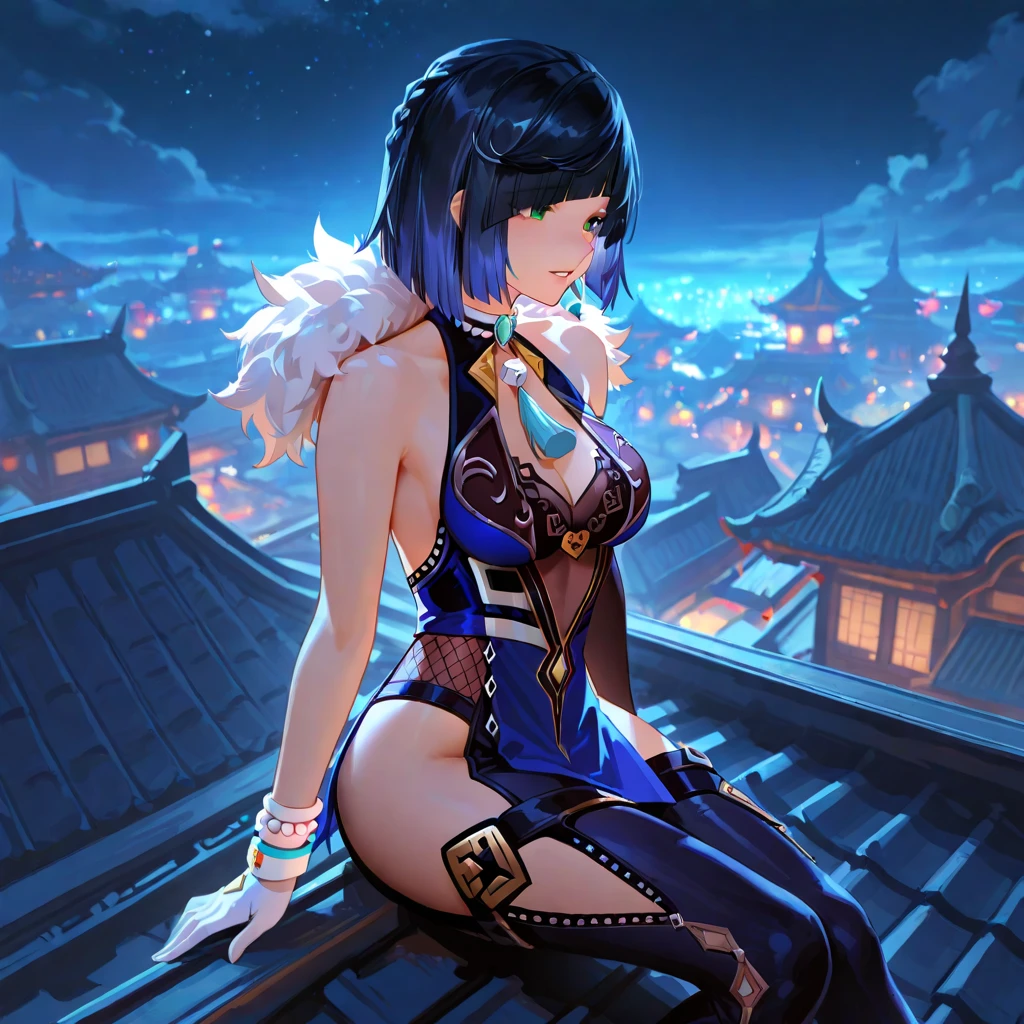 A woman wearing a bathrobe and headphones is lying by the pool、A beautiful night view behind、big breasts、sexy、Indoor pool with a night view、moonlight、exposed、Downlight、full moon、Stylish interior、Ruby Eye