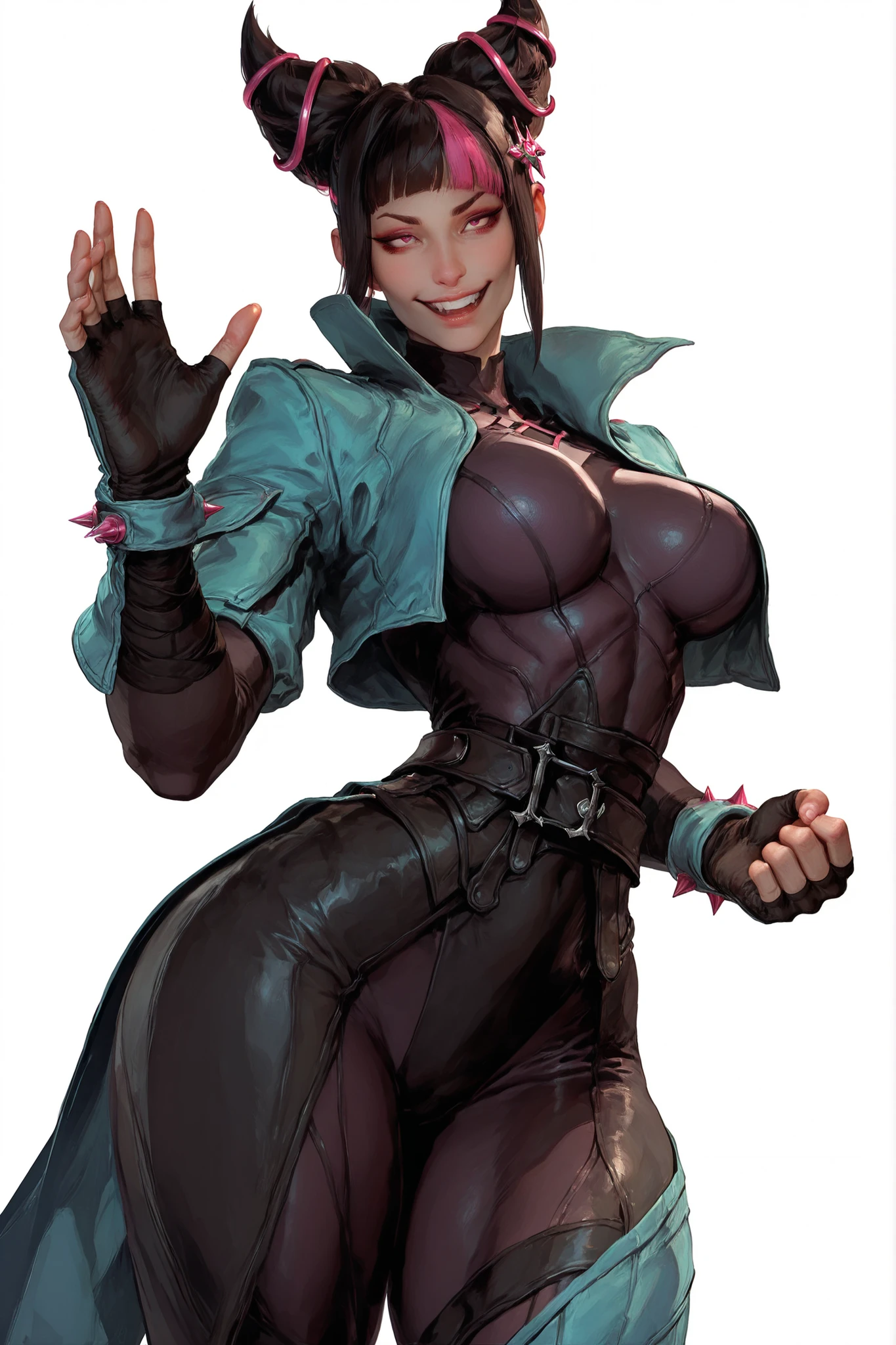 score_9, score_8_up, score_7_up, score_6_up, score_5_up, score_4_up,
BREAK
(masterpiece: 1.0), best quality, perfect anatomy, perfect composition, perfection, Realistic proportions, realistic anatomy, by Yusuke Murata
BREAK
use of shape theory, use of anatomy, defined body, defined textures, defined fabric folds. nat the lich
BREAK
Elegant, graceful, amazing anatomy, perfect form, perfect face, perfect hands, correct anatomy, high res, absolutely breathtaking, color variance, color tones, color contrast, kinu nishimura
BREAK
narrow waist , wide hips , thick thighs , 1girl , very cute face , han juri , evil smile , fighting stance , white background , looking at viewer , dynamic pose , cowboy shot , hair ornament ,