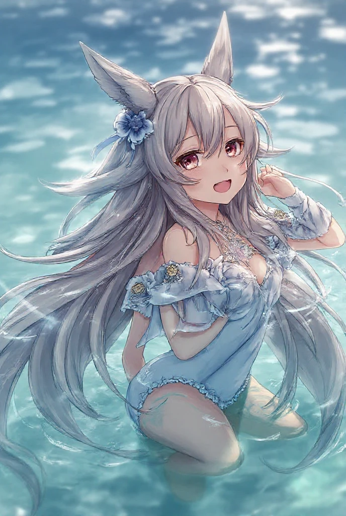 (MASTERPIECE), (Best Quality), (Ultra Detail), Official Art, One Girl, Silver-haired Loli, Petite Little Girl, White and Gold Swimsuit, Off Shoulder, Small, Small, Small, Cleavage, Underboob, Thigh Focus, Navel Out, Beach, Card Illustration, Wallpaper