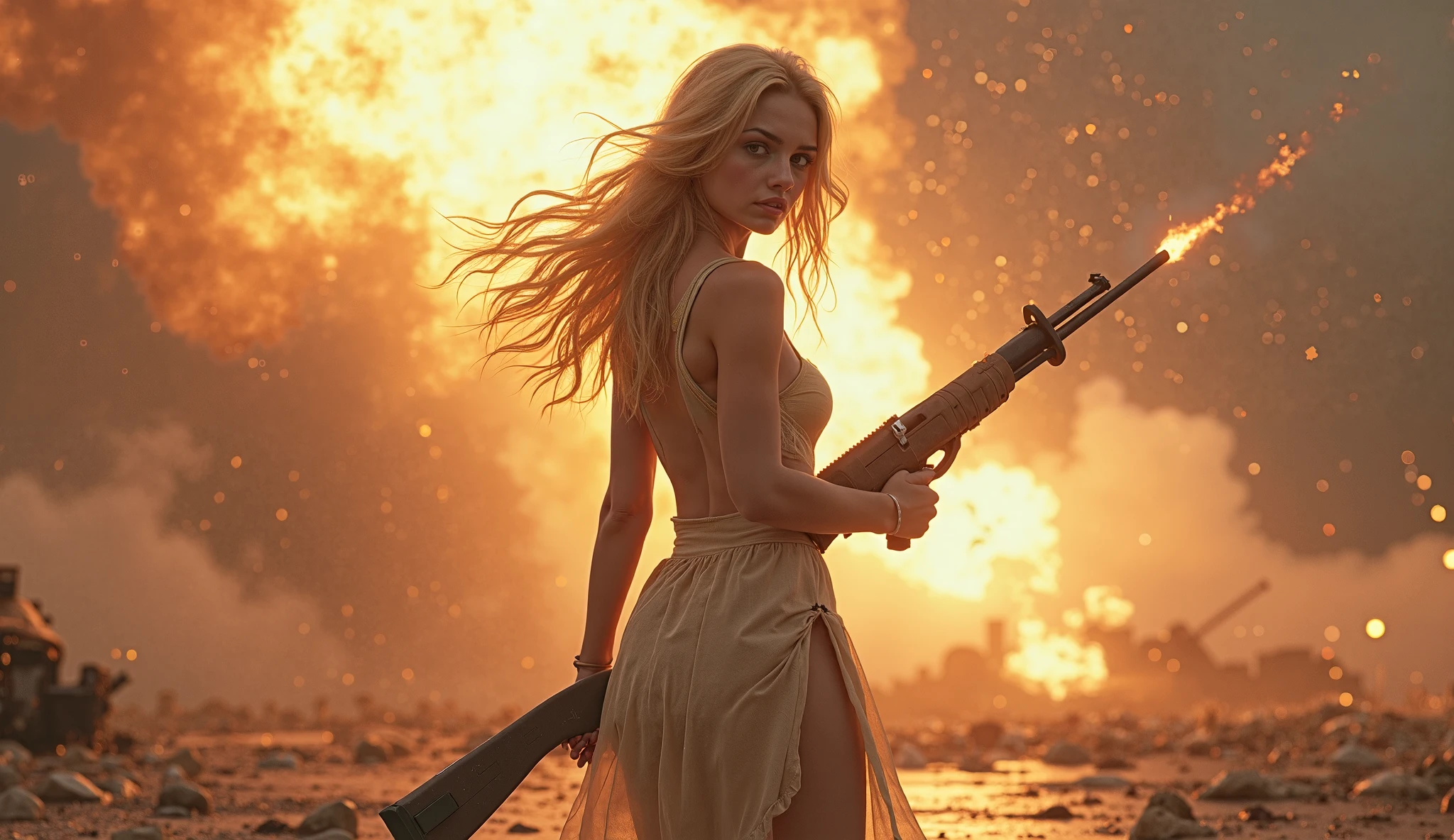 Oil painting, ((resilient)) full body. an ultra hot gorgeous European woman. Age 23. Blonde hair. Sexy hourglass body. ExtraLarge breast (100E size) cleavage. standing amidst nuclear wasteland ruins, delicate flowers emerging from the desolation, ominous clouds casting shadows, ((haunting beauty)), post-apocalyptic masterpiece. Fire. Heavy smoke. Misty.