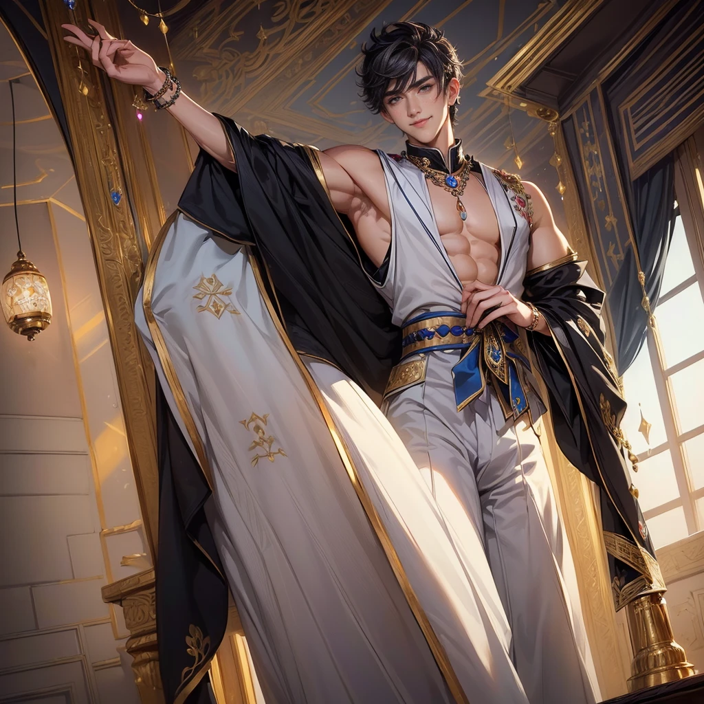 male character, young asian, dark-haired, with a long ponytail bright blue eyes. Just a pair of white boxer briefs and a blue and purple fur cloak. lying on the floor with legs open, bound by chains bdsm. chained to a statue, in a hall lit by a lilac light. With clothes scattered on the floor