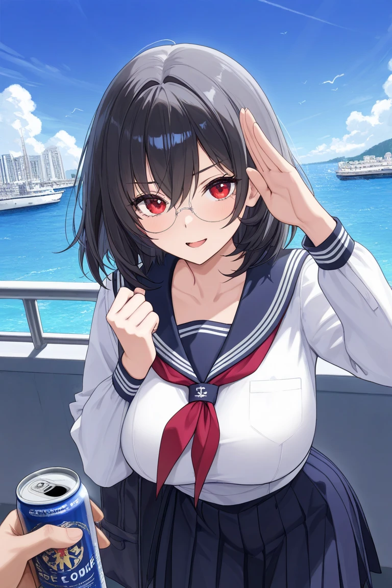 best quality, masterpiece, solo, {akitsu_maru_kantaicollection:1.15}, black_hair, short_hair, hat, peaked_cap, black_eyes, military, big_boobs, 1girl, black_headwear, looking_at_viewer, military_uniform, uniform, military_hat, sea_background, smile,(plump:0.7),selfie,black_thigh-highs,joylight_open_mouth,