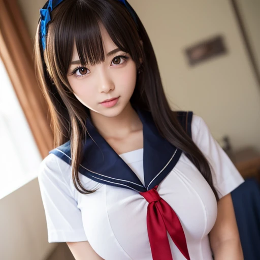 bright look、photorealism、highest quality、超A high resolution、photograph、最も美しい北欧の女の子のphotograph、cute and beautiful face details、(face to face with the children_v1:0.008)、美しいbangs、alice in wonderland、18-year-old、radiant white skin、bangs、hair between eyes、attractive bright silky hair、Shine beautifully、Attractive, bright and clear light blue eyes、double eyelid、plump breasts、O cup 、big breasts、big breasts、sailor suit、school uniform、beautiful nipples、take off your clothes、showing the belly button、wearing white panties、show panties、twin tails、