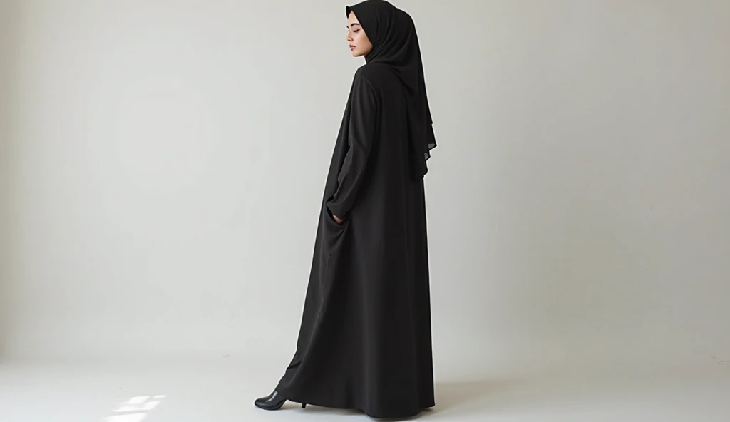 a woman with a black simple yet elegant  design  abaya with less lose sleeves  and with some hidden  hoock button to open and wear easyly with dusty rose pink hijab without belt on bottom 