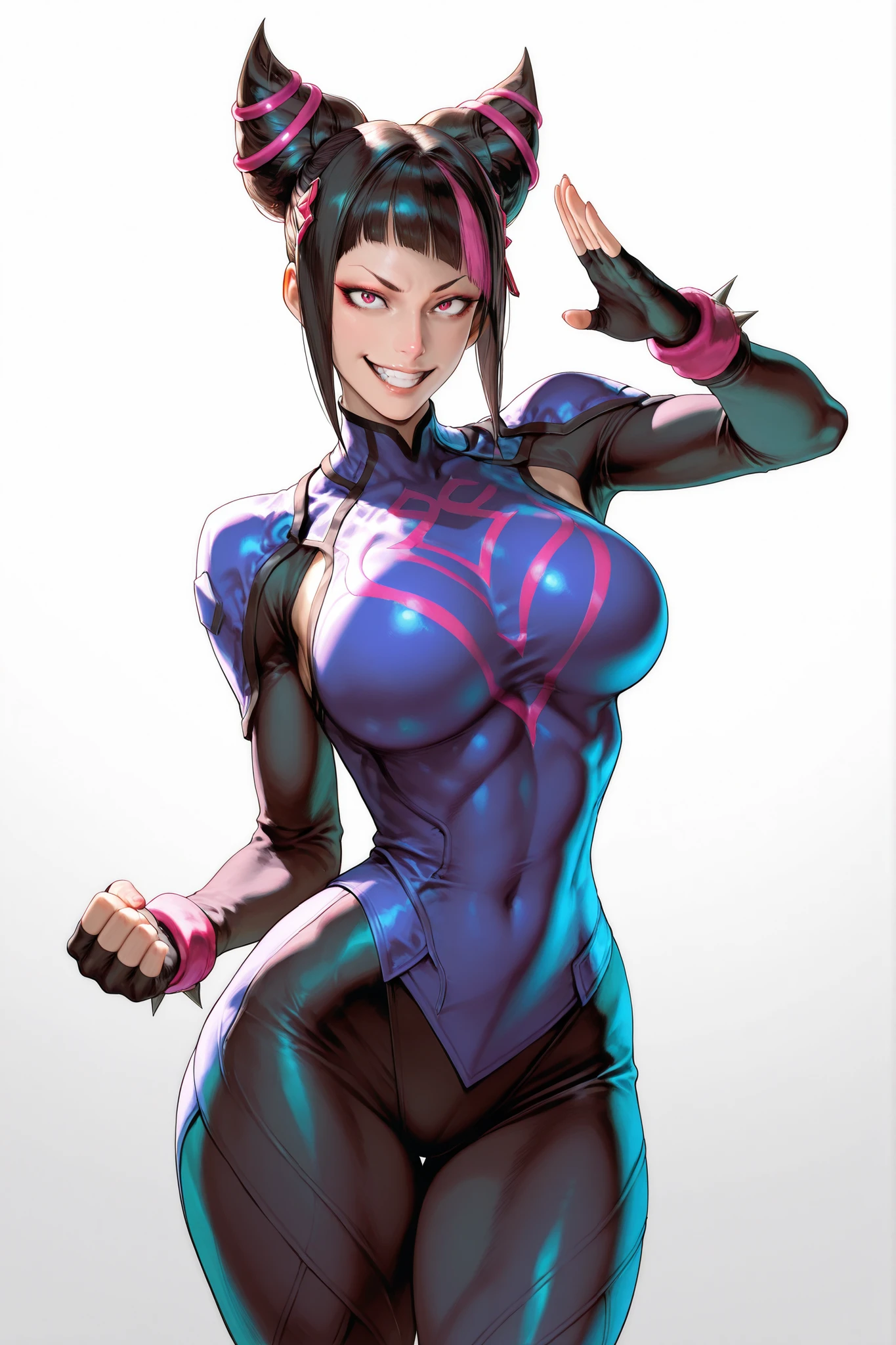 score_9, score_8_up, score_7_up, score_6_up, score_5_up, score_4_up,
BREAK
(masterpiece: 1.0), best quality, perfect anatomy, perfect composition, perfection, Realistic proportions, realistic anatomy, by Yusuke Murata
BREAK
use of shape theory, use of anatomy, defined body, defined textures, defined fabric folds. nat the lich
BREAK
Elegant, graceful, amazing anatomy, perfect form, perfect face, perfect hands, correct anatomy, high res, absolutely breathtaking, color variance, color tones, color contrast, kinu nishimura
BREAK
narrow waist , wide hips , thick thighs , 1girl , very cute face , han juri , evil smile , fighting stance , white background , looking at viewer , dynamic pose , cowboy shot , hair ornament ,