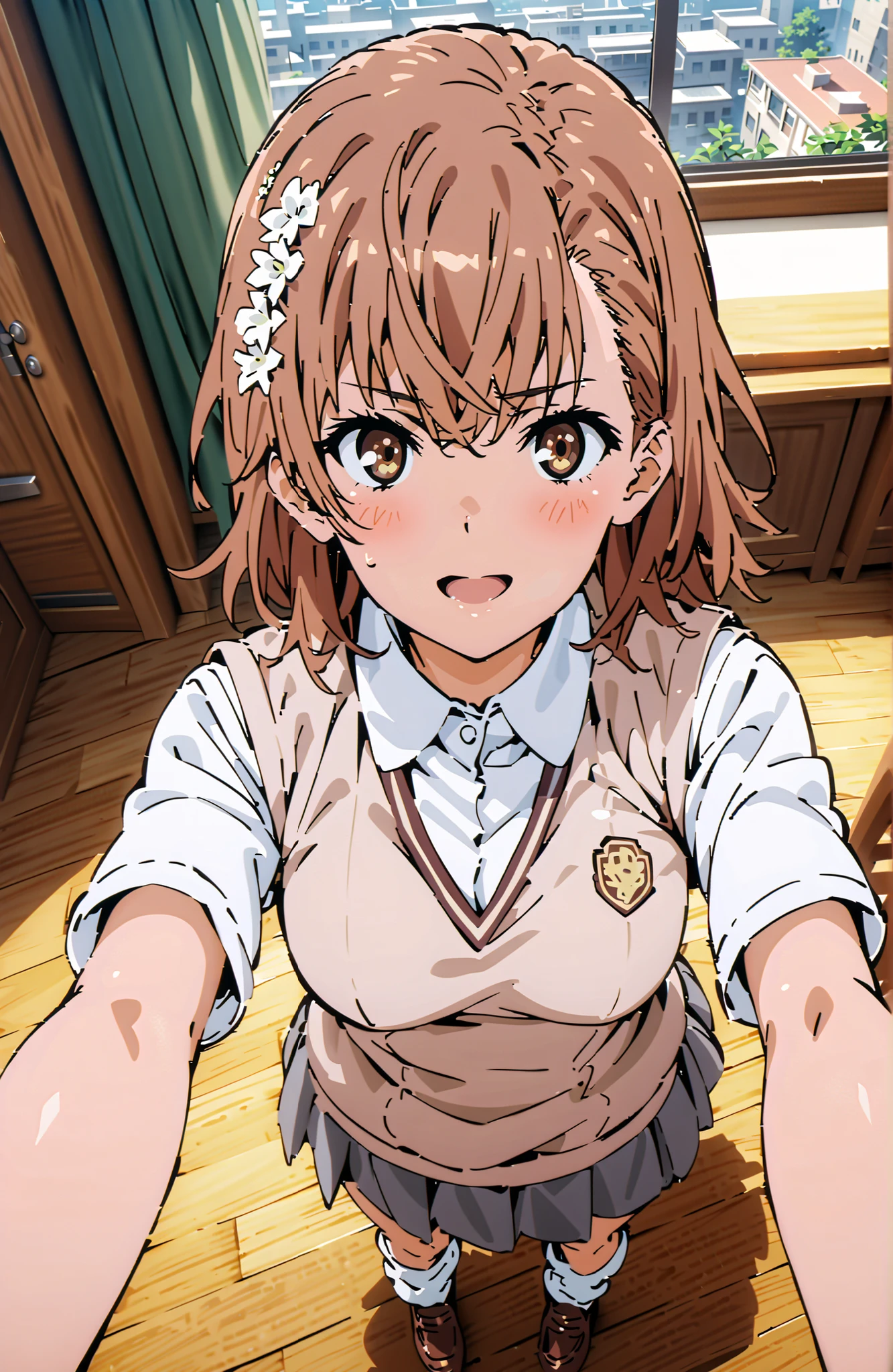 Misaka Mikoto , short hair, brown hair, hair ornament that grabs Narmaya's chest, hair flower, brown eyes in the bedroom,smile,blush,open your mouth,
skirt for ears, shirt, uniform, white shirt, Short Sleeves, pleated skirt for ears, grey skirt for ears, sweater vest,loose socks ,loafers,tokiwadai uniform,I'm holding a bouquet with both arms,angle from above with bib,, Flower blowing snow,curtains,window, Beautiful Streetscapes,standing,in their 40s indoors, Classroom,
in their 40s looking at viewer,full body,
in their 40s (masterpiece:1.2), Highest Quality, high resolution, Unity 8k 壁紙, (Illustrations:0.8), (beautiful detailed eyes:1.6), very detailed face, perfect lighting on the table, extremely detailed CG, (perfect hand, perfect anatomy),