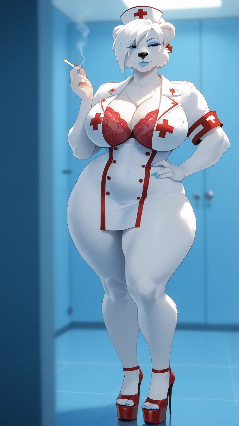 ((blank background)), masterpiece, best quality, silver hair, (big breast:1), ((full body framing)), symmetry, nurse woman, nurse uniform, nurse cap, long pants, ((curvy)), wide hips thick thighs, only white, all white, belt below navel, ((lab coat))