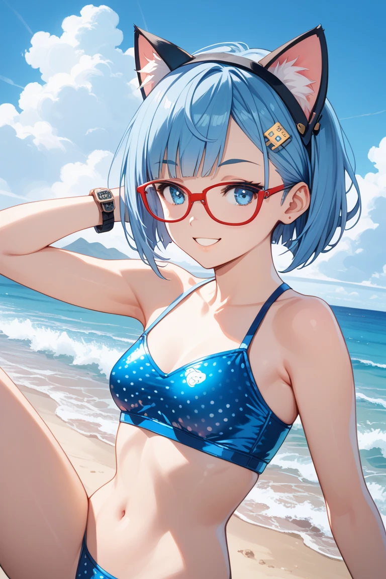 
high angle,from above,cleavage,((elegant  denim blue baseball cap)),
(wearing elegant red round frame glasses,circle frame),((white and red sexy elegant cute string tied summer bikini)),(pink and blue tank top),
(beautiful pink and green butterflies and fish all over the place),colorful fish,flowers,fantasy beams and lights,
((masterpiece:1.4, best quality)), ((masterpiece, best quality)),((beautiful twin tail silver pink hair,blunt bangs,beautiful cobalt blue eyes,little cute   girl)),full body, bathing in the water,(beautiful emerald green beach,waves),(water splash,lovely laugh), (pink Lace chalker, red wristband, diamond necklace,earrings),cinematic lighting and pause,beautiful natural mysterious beach,night sky,full moon,(beautiful pink and red butterflies and fish all over the place),