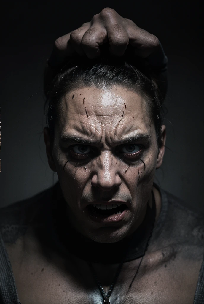A terrifying close-up portrait of a person wearing a hockey mask, reminiscent of the iconic slasher villain from the Friday the 13th franchise. The mask is worn and weathered, with a sinister expression reflected in the mask's design. The person's face is obscured, but their open mouth and intense expression convey a sense of primal fear and aggression. The image is dramatic, with strong lighting and shadows that add to the ominous and unsettling atmosphere.
