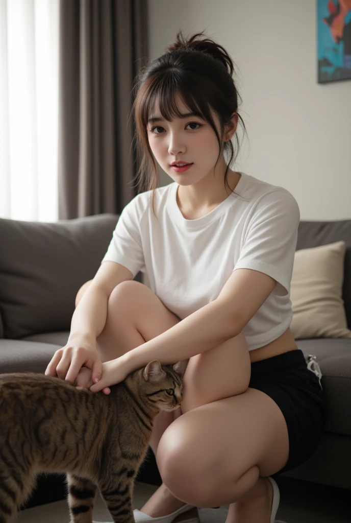 Asian girl with black hair, with a white cat with red eyes 