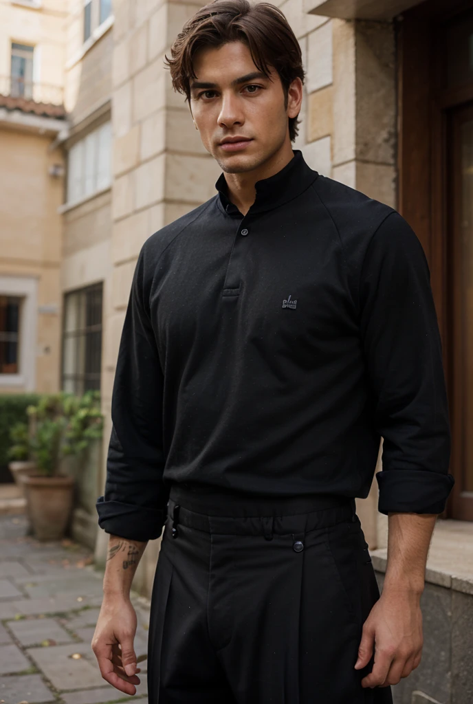 (Best Quality)), ((masterpiece)), (detailed), 1 man, 20 years, polo shirt, black pants, handsome,, black hair taken in 2022 manly features,. Showing off their tattoos on their arms and forearms. Inside the room. Curtain hairstyle. 