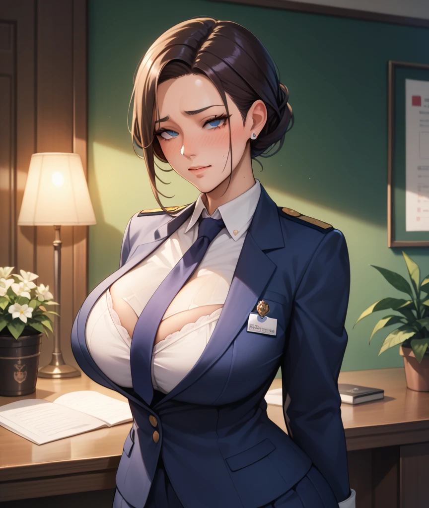 (masterpiece, computer, mejor quality, Clear focus, shadow, anime style, Ultra High Resolution, 8K, Perfect Anatomy, rostro perfecto, (detailed face), ( Detailed eye ), score_9, score_8_up, score_7_up, score_6_up, score_5_up, score_4_up, source _Animated, Label 1, Label2, quality_masterpiece, anatomically correct, beautiful face, rostro perfecto, Beautiful and highly detailed face and eyes, Attractive face, detailed face, delicate facial features, detailed leather, huge breasts, breast size cup D or DD, caderas anchas, gigantic butt texture, thick thighs. anime style illustration with sensual and charming appearance of attractive appearance sitting in an office chair. He has short black hair with blue tips, big eyes and bright blue, blushed cheeks and a friendly and flirty expression. He wears a stylized police officer's uniform: navy blue jacket with gold badges, white blouse very tight open at the chest showing a pronounced neckline, short, fitted blue skirt , translucent black tights and a black belt. He wears a black necklace with a small pendant. His pose is relaxed, Arms Crossed, crossed legs, modern office background with window and documents on the desk. Natural light enters through the window, professional but casual atmosphere. Detailed anime style, shadows suaves, high level of detail in clothes and hair.