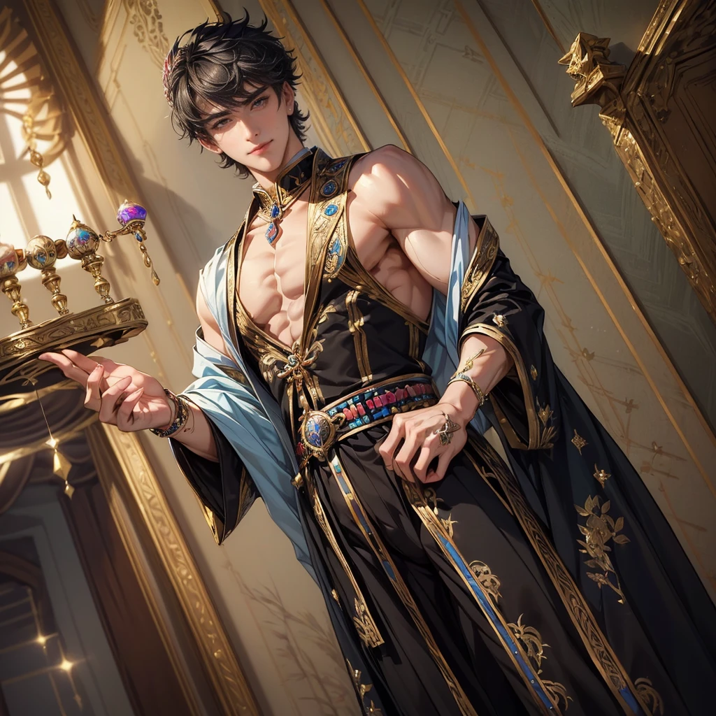 an illustration of a young male character with a muscular build and defined abs. He has short, tousled dark gray hair and golden eyes. He is adorned with gold accessories, including bracelets and a necklace. The character is wearing a purple cloth draped around his waist, decorated with gold ornaments. It is nighttime. He appears to be reclining with a confident and relaxed expression, and there is a patterned cloth behind him. anime style
