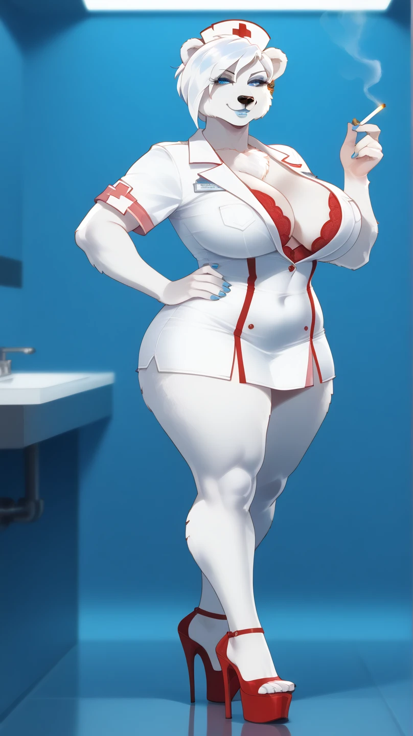 ((blank background)), masterpiece, best quality, silver hair, (big breast:1), ((full body framing)), symmetry, nurse woman, nurse uniform, nurse cap, long pants, ((curvy)), wide hips thick thighs, only white, all white, belt below navel, ((lab coat))