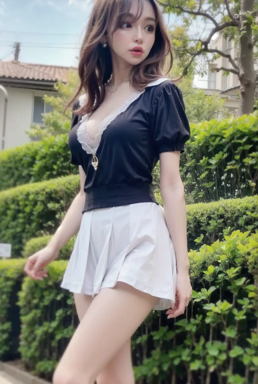 Female, 20 years old, short black wavy hair、bangss、Puffy nipple、 naked、, Black stockings、Medium milk, cute smile face、((Poses that emphasize the buttocks))、sexy hips、Black High Heels、Big necklace、((((the wind blew my skirt, expose my panties...))))、(Light blue lace panties)、Cute earrings、(Tilt your head slightly)