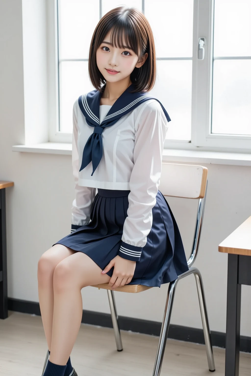 (happy expression:1.26)、RAW photo、(((Ultimate beauty full body photo shoot)))、((glowing skin))、1 girl、10 year old beautiful girl、primary school student、young、Young Face、bright look、detailed face、bewitching、((brown haired、long hair:1.2))、skirt、View from the floor、(Light blue and white striped long socks:1.2)、(thigh-high socks:1.2)、((sailor suit、uniform、Mini skirt:1.5))、(Micro Skirt、high waist)、(Sitting on a chair with elbows on a school desk and legs wide open:1.2)、((She opens her legs and shows me her panties.:1.5))、(see through panties:1.5)、((standing on tiptoe))、counter point shot、((super detailed))、(Perfectly detailed face)、(detailed hands)、(finger details)、(excellent human structure)、photorealistic imageasterpiece、最high quality、super detailed、film light、intricate details、High resolution、very detailed))、detailed background、8KUHD、Digital single-lens reflex camera、soft light、high quality、film grain、Fujifilm XT3 、shallow depth of field、natural soft light、Kamimei、classroom、View from slightly below、