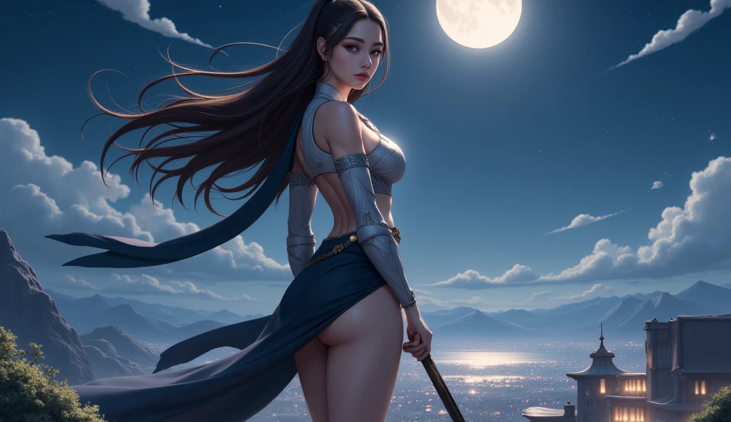 Kizi, in battle stance, standing backwards, a shiny katana (holding it by the handle), very long brown hair, blue colored eyes, skinny, short blue kimono, big-ass, white loincloth (I'm in the shape of a t) with ropes, white lace thigh high stockings, cinematic light, Trees, waterfall, Chinese shrine, blue sky, white clouds,