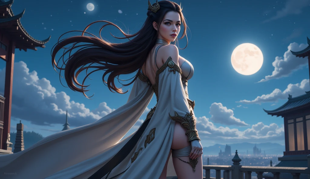 Artemis, the Greek goddess, is depicted in a gothic style tattoo seated on a rock surrounded by nature in a fantasy world wearing a see-through attire. She carries a heard in one hand and an arrow in the other. She seems serene in the moonlight.