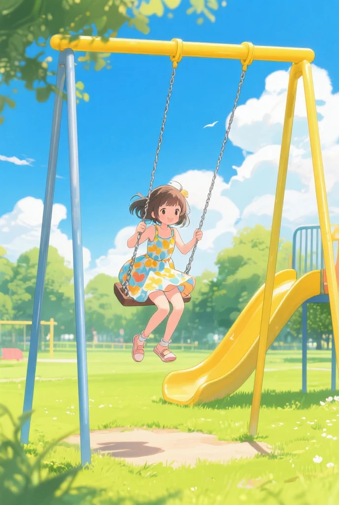GENERATE AN ANIME IMAGE ABOUT 4 BEST FRIENDS (1 BOY AND 3 GIRLS) WHILE THE 1 GIRL IS SITTING ON A SWING AND THE 2 GIRLS AND 1 BOY ARE SITTING ON A GRASS BESIDE THE SWING. DONT FORGET THAT THEY ARE GROUP OF 4, 3 GIRLS AND 1 BOY. THEY ARE ALL IN SAME AGE