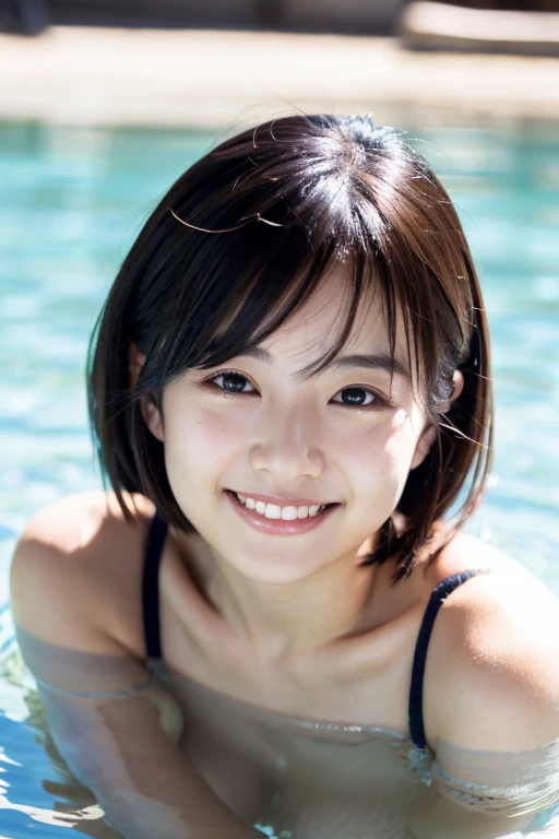 masterpiece, best quality, ultra-detailed, kawaii, cute, lovely, pool, 2girls, 2 cute girls, robe, beautiful hair, beautiful brown eyes, beautiful eyes, white-skinned, flat breast, tiny breast, necklace, smile, ashamed, ahegao, shiny-glistening, gleaming, lotion, wetted by water, cute smile, ((マイクロビキニ:1.1))、へそが見える、立っている、腰から上の写真、Tフロントのパンティ、