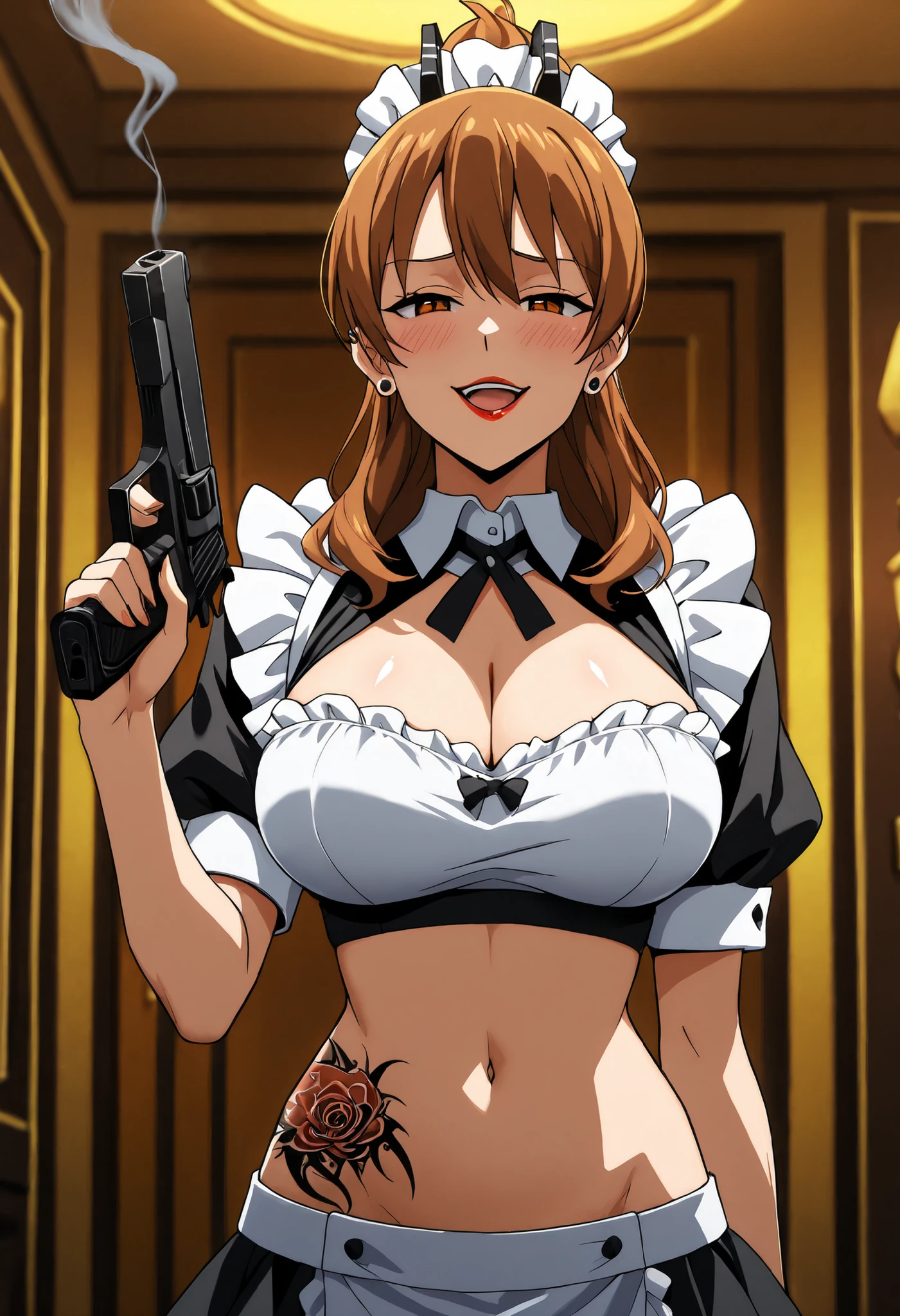 masterpiece, best quality, newest, solo, 1girl, s3ryu, , looking at viewer, , long hair, brown hair, ponytail, brown eyes, , mature female, ear piercing, long hair, lipstick,Hot girl, baddie, smoking, sensual, attractive ,jewelry, earrings, complex detailed background, casino environment, fancy interior environment,
rich interior, masterpiece, best quality, highly detailed, a girl in maid uniforms, holding pistol, maid
outfit, cleavage, evil smile, smile, open mouth ,official artwork, (nsfw) not safe for work, beautiful maid
girl, , micro skirt, exposed belly, exposed navel, exposed midriff, exposed lower belly, holding a gun, ,medium large breasts, blush, waist dragon tattoo, narrowed eyes, tattoo waist, anipai_style , anime screencap , anime coloring,