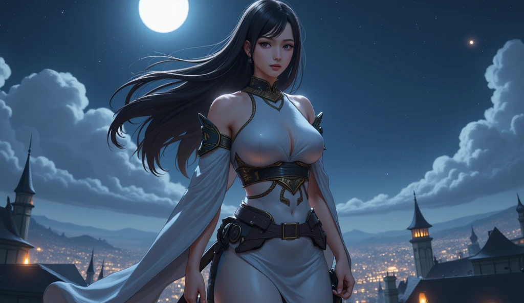 Vast wilderness、Looking up from the bottom、The moon shining high in the sky、A seductive woman standing alone、Arm mechanized