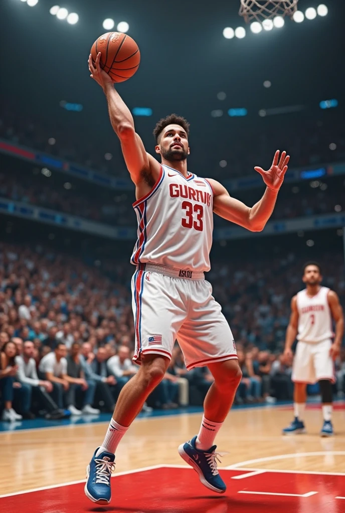 One boy, (Dunk Shot), cowboy shot, basketball, Basketball goal, Sportswear, Indoor professional arena, Vivid lighting, The audience is going wild, The final seconds of the final, The moment you jump high, A powerful figure heading towards the ring,beard, Glasses, obesity