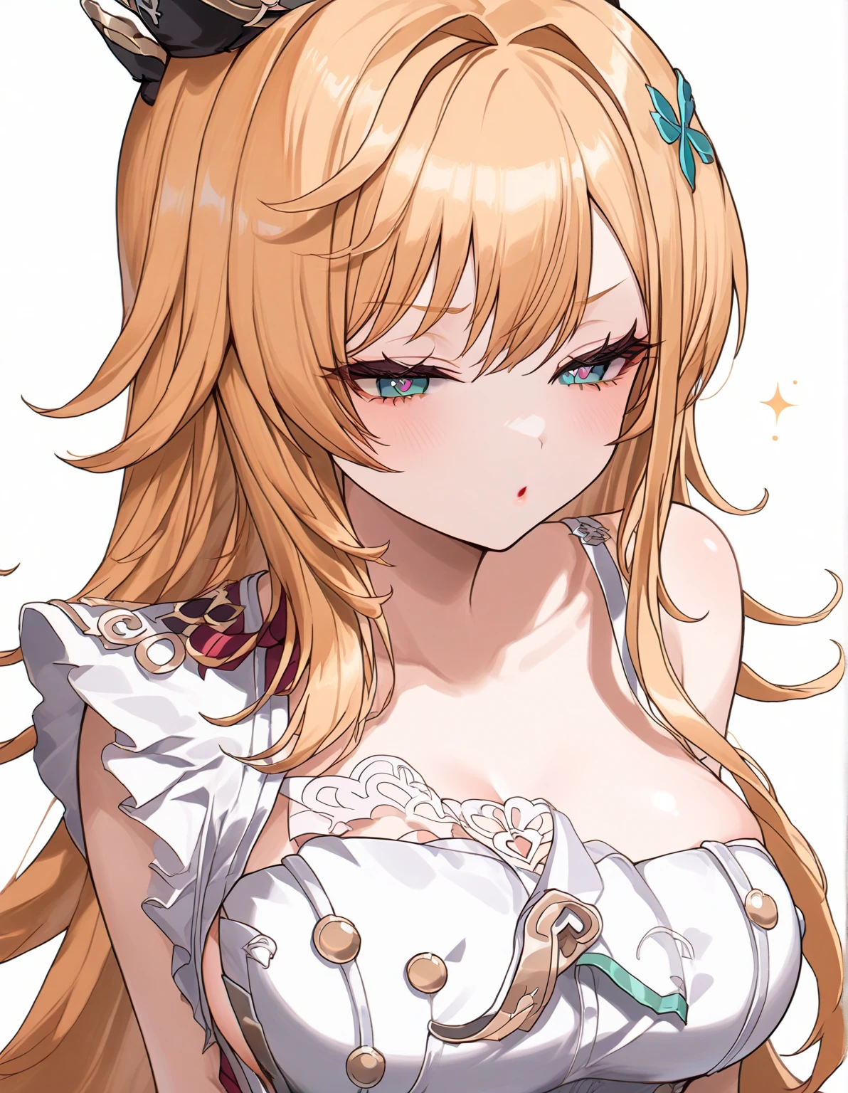 Masterpiece, highest quality, high quality illustration, high resolution, 1 woman, white background, watercolor, very cute, detailed beautiful face, glossy skin, white skin, (upper body: 2.0), shining smile, blonde, long hair, curly hair , two-tone eyes (yellow-green eyes: 1.6), long eyelashes, flashy makeup, GAL, actress, pink lips, thick lips, fleeting, bright picture、Kitagawa Marine Hostess