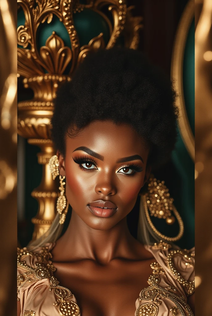 Kizi,black hair SHORT AND CURLY，Queen negra，Accessories，Fan in hand，，Queen，red lipgloss stick