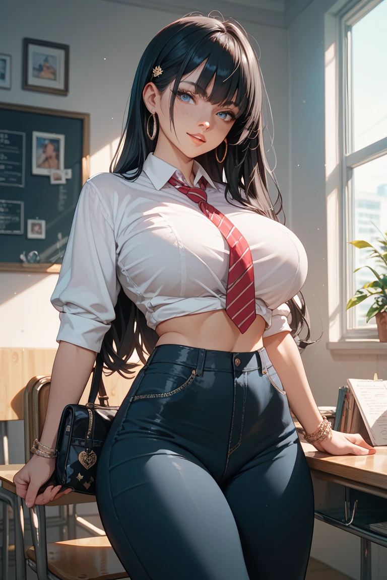 Amazing portrait of a sexy teacher in an empty classroom with a beautiful detailed face emphasised by some amazing makeup wearing a shirt that emphasizes her medium chest, and jeans showcasing her thick thighs with a lustful expression